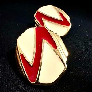 Vintage MONET Signed Red & White Enamel Gold Tone Stud Earrings